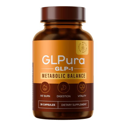 En enkelt flaske GLPura GLP-1 Metabolic Balance kosttilskud, 30 kapsler, ravgul beholder på en lys overflade